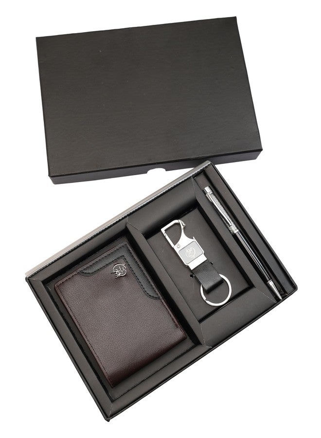 ZEVORA Pack of 3 Premium Leather Wallet Pen & Keychain Gift Set for Men - Stylish Bi-Fold Wallet with Pen & Keychain in Luxury Gift Box - Image 1